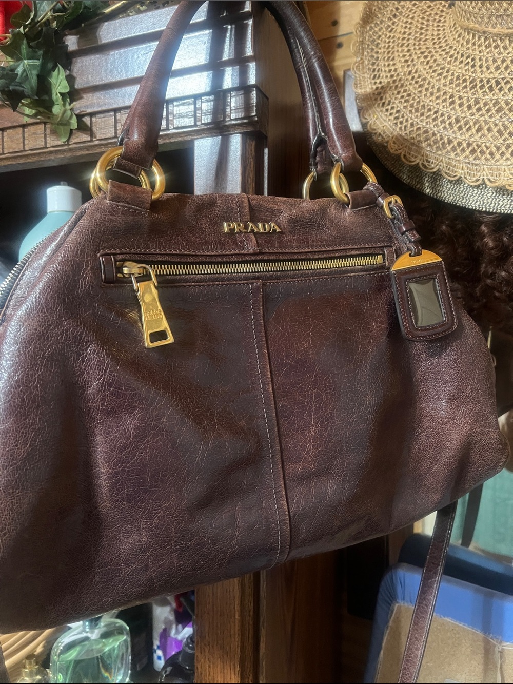 Prada Dark Brown Leather Shoulder Bag with Gold Hardware
